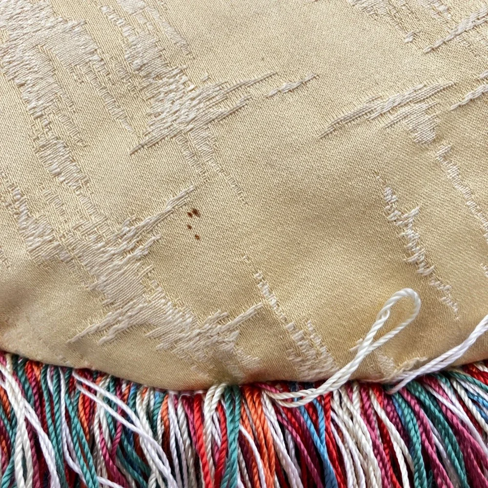 Pair of Vintage Hollywood Regency Round Throw Pillows Gold Brocade Multi Fringe
